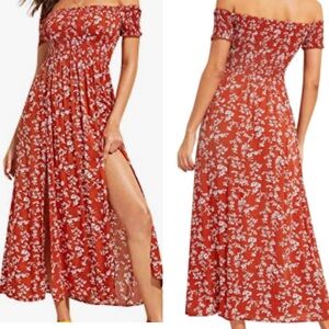 Shosho Red Floral Off-Shoulder Midi Dress